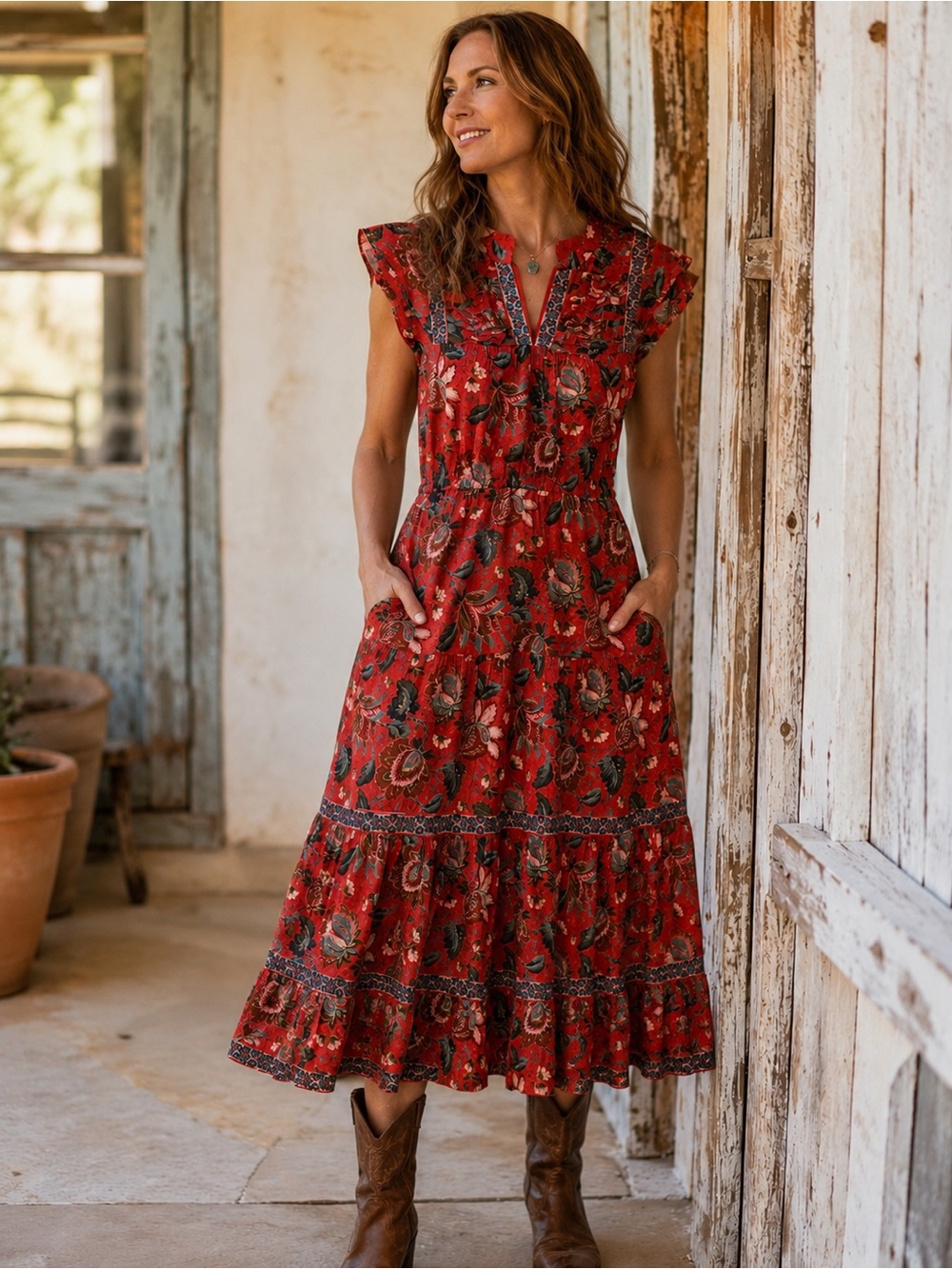 Sundance Silk Blend Floral Boho Midi Dress Pockets Ruffle Tiered Cottagecore M